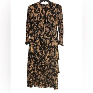 CHICO’S Black Label Black & Tan Floral Pleat Tiered LS Midi Dress Sz 0 / 4 NWT